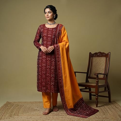 Image of Women's Stylish Embroidered Ikat Cotton Suit Material with Dupatta