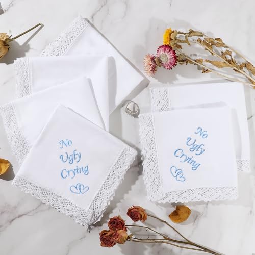 Image of HOULIFE Wedding Handkerchiefs for Bride Something Blue Bride Groom Gift | Soft Material, Breathable & Durable, Handkerchief for Bride on Wedding Day, Lace Edge
