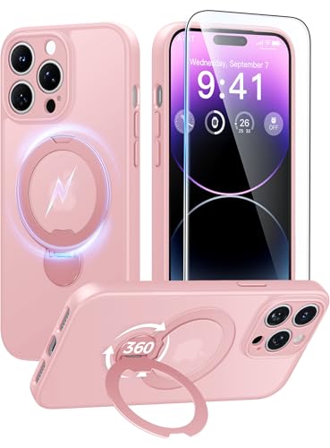 Image of FNTCASE for iPhone 14 Pro-Max Case: [360 Spin Magnetic Stand] [Compatible with Magsafe] [Screen Protector] Translucent Matte Military Grade Shockproof Full Camera Protective Phone Cover - Pink