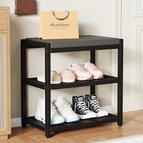 Image of Shoe Rack Bench with Seat | Metal Shoe Organizer Storage Rack for Hallway Bedroom Living Room with Comfortable Seat Cushion (Grey)