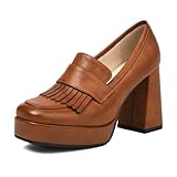 Alsoloveu Women's Platform High Heel Loafers Square Toe Chunky Heels Slip On Pump Shoes with Tassel Decor Size 7 US, Brown