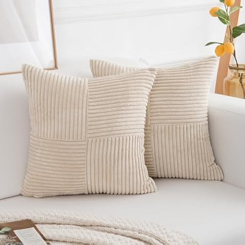 CozyFounder Coussin Beige Housses de Coussin Velours Moderne Épissage des Rayures Decoratif Coussin Canape Carré Doux et Confortable Taie d'oreiller Décor Cover