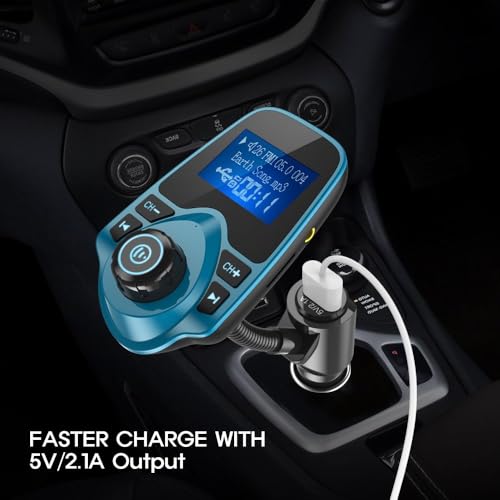 Image of Nulaxy Bluetooth Car FM Transmitter Audio Adapter Receiver Wireless Handsfree Voltmeter Car Kit TF Card AUX 1.44 Display - KM18 Peacock Blue