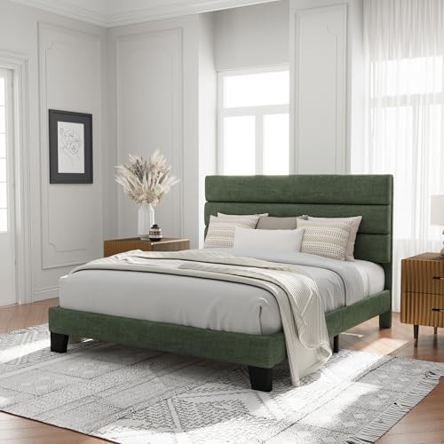 Image of Allewie Full Size Platform Bed Frame with Fabric Upholstered Headboard and Wooden Slats Support, Fully Upholstered Mattress Foundation /No Box Spring Needed /Easy Assembly, Green
