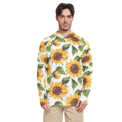 Rustic Sunflower White Sun Shirts Hoodies for Men Long Sleeve Hiking Hoodie Swim Shirt UPF 50+ S