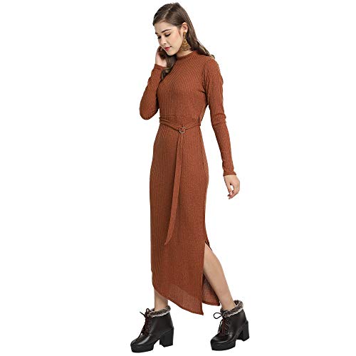 Image of Women Brown Asymmetric Maxi Dress with Side Slit and Belt