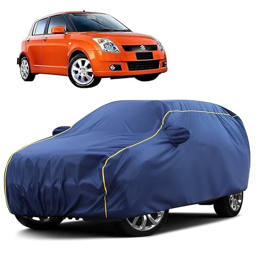 Image of Sulfar 100% Water Resistant Car Body Cover Compatible with Mirror for Maruti Suzuki Old Swift (Triple Stitched, Full Bottom Elastic, Blue Taffeta with Yellow Piping)