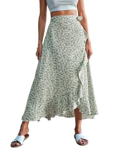 Floral Print Ruffle Waist Maxi Skirt for Women with Side Adjustable Waistband