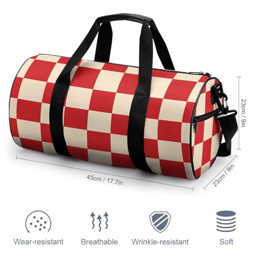 Red And Cream Plaid Checkered Gym Bag for Women Men Travel Duffle Bag Carry on Weekender Tote Bag Lightweight2