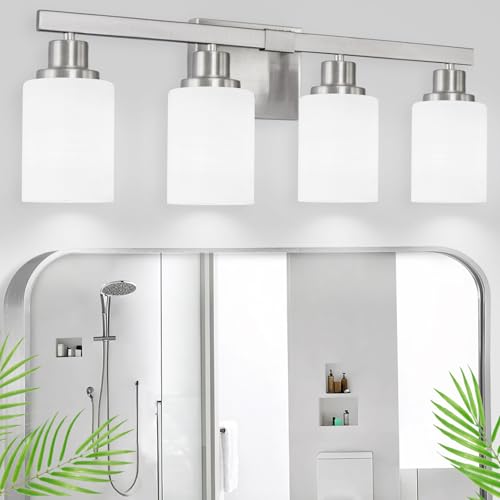 Image of Bathroom Vanity Light 4-Light Nickel Bathroom Light Fixtures 24in | White Frosted Ribbed Glass Shade Wall Lights Bath Vintage Wall Mounted Lamps for Mirror Bedroom E26 Base