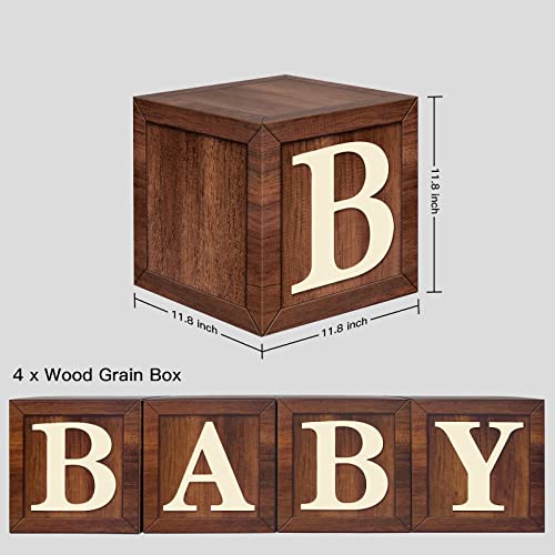 Wood Print Baby Shower Boxes For Teddy Bear Birthday Party Centerpiece - 4 Pcs Wood Grain Baby Cubes Rustic Baby Blocks With Letters, Brown Baby Shower Decorations #TOP1