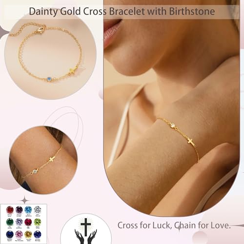 Cross Bracelet with Birthstone Dainty Gold Bracelets for Women Birthday Gift Christian Gifts for Her Religious Faith Baptism Confirmation Gifts for Teen Girls Christmas Jewelry for Sister Daughter Granddaughter Girlfriend