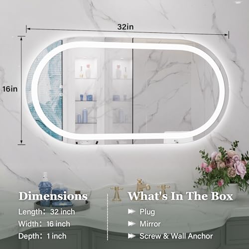 Image of WallBeyond LED Bathroom Mirror with Lights, 16 x 32 Inch Oval Led Bathroom Vanity Mirror for Wall with Front and Backlit, Anti Fog Mirror for Bathroom, 3 Colors and Dimmable Light, Horizontal /Vertical
