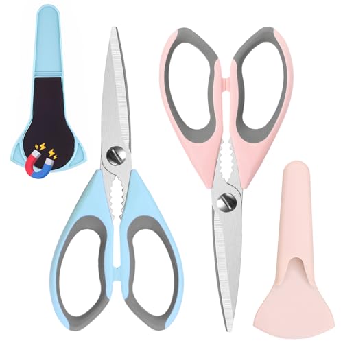 2 Pack Kitchen Heavy Duty Scissors with Magnetic Holder,Dishwasher Safe Shears for BBQ,Kitchen,Stainless Steel Scissor All Purpose,(Blue,Pink) - image 1