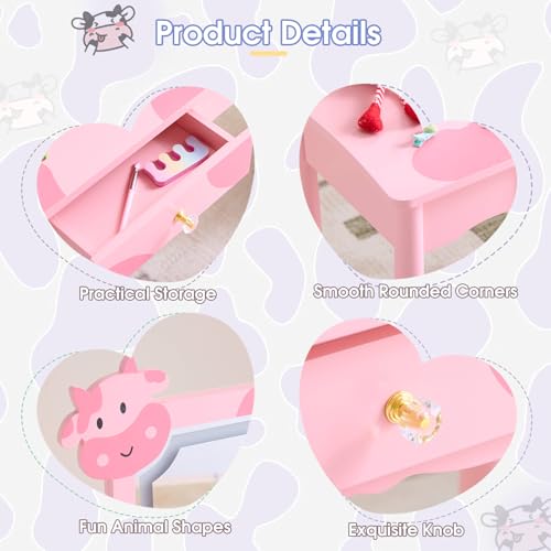 Image of Vanity Set,ShyneeMakeup Dressing Vanity Set Wooden Princess Makeup Table with Cushioned Stool,Drawer,Wooden Legs and Mirror, Make Up Dressing Play Set for Girls (Pink Cow)