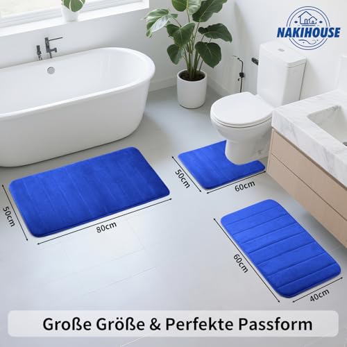 NAKIHOUSE Badematte Set 3-teilig aus Memory Foam, rutschfest & Saugfähig, Waschbar, Weich & Schnell Trocknend, Badezimmerteppich für Dusche, WC & Badewanne,Blau – Bild 3