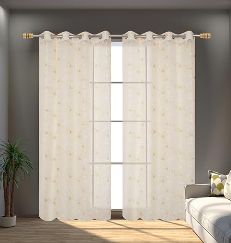 Image of Fabrilia Floral Pattern Embroidery Tissue Net Sheer Transparent Curtains for Door 9 feet Long Set of 2, Cream