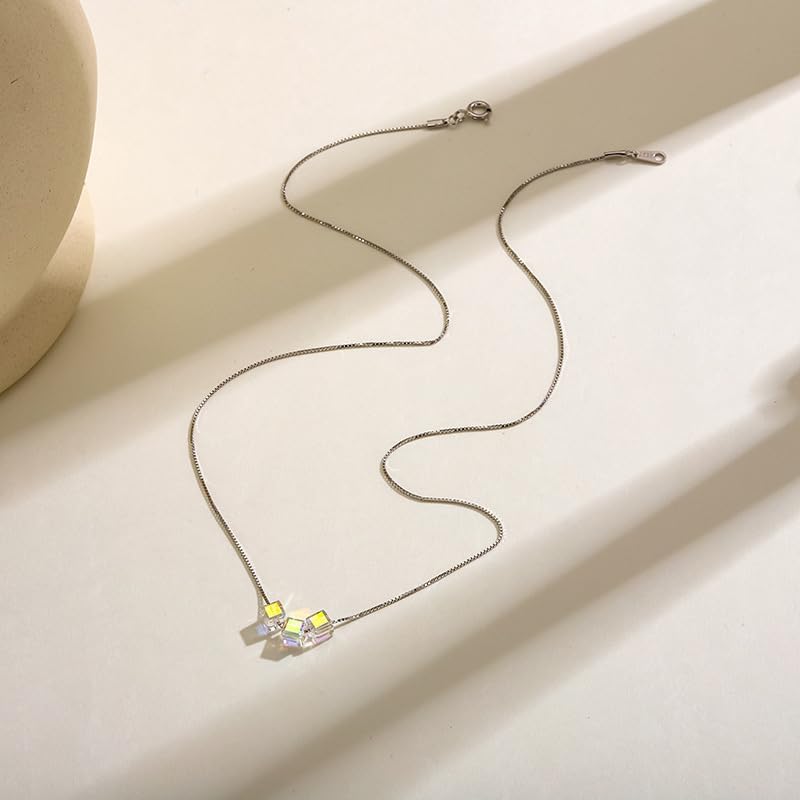 Sparkling Crystal Cube Pendant Necklace for Women 925 Sterling Silver Aurora Candy Crystal Necklace Rhinestone Chain Austrian Necklace Jewelry Gift for Mom Wife Daughter Valentine Mothers Day - Image 7