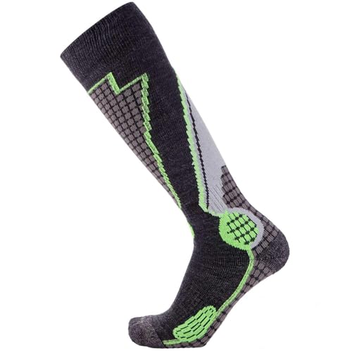 Pure Athlete High Performance Wool Ski Socks - Thermal Warm Merino Wool OTC Sock, Men Women (1 Pair - Black/Grey/Neon Green, Small)