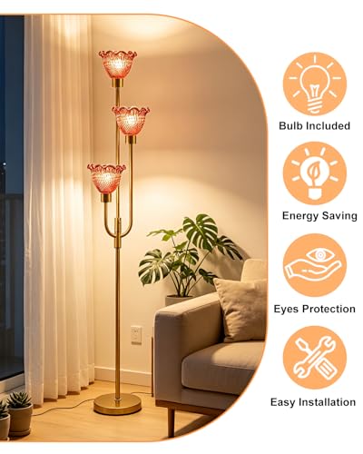 Image of Lightdot 3-Lights Glass Floor Lamp 66IN Modern Gold Dimmable Floor Lamps with 3000K Warm White Bulbs for Wedding Party Tall Standing Lamp with Deep Red Glass Shade for Living Room /Bedroom /Home Decor