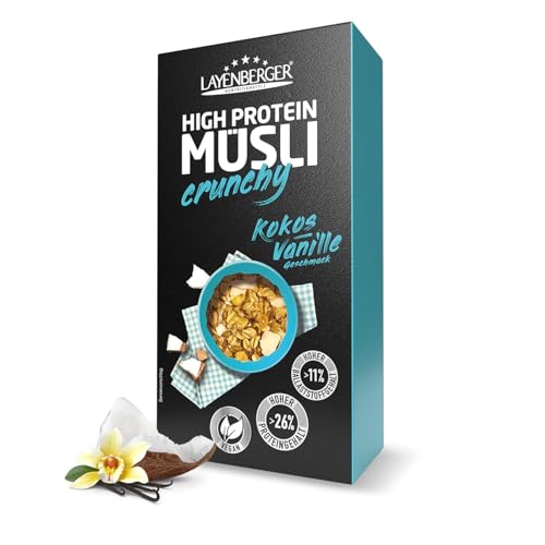 Layenberger High Protein Crunchy Müsli 26% Eiweiß und 11% Ballaststoffe vegan - 1er Pack (1x 375 g) - Kokos-Vanille