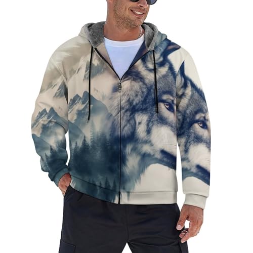 Sweat à capuche loup imprimé forêt et montagnes veste zippée