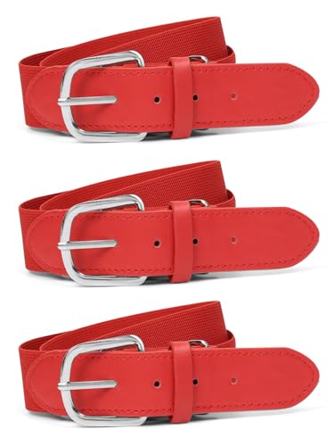 ZenNex 3 Pcs Baseball Belt Softball Belt for Youth and Adult Adjustable Elastic Belts for Team Uniform Team Sports Practice (Red Youth)