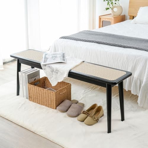 Towood Lifee Entryway Bench, Solid Wood Kitchen Dining Bench, Mid Century Modern End of Bed Bench with Rattan Woven Top for Bedroom, Dining Room, Entry Way, 47.2" L x 11.2" W x 17.7" H, Black