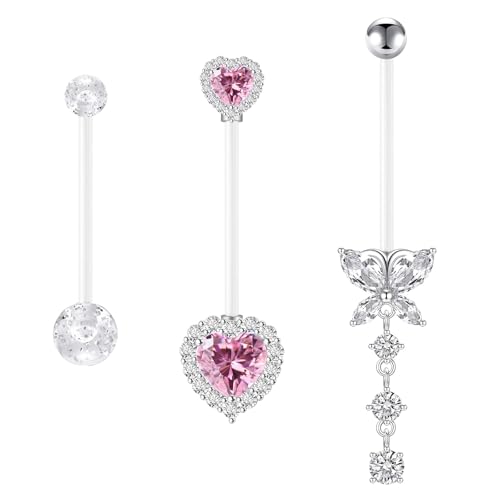 CHARMONLINE 14G Heart Flexible Clear Acrylic Pregnancy Belly Button Ring Butterfly Dangle Pregnancy Maternity Belly Rings (PINK)