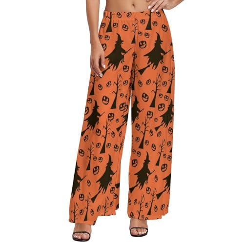 VOSERY Halloween Witch Print Palazzo Pants for Women, Comfy Womens Wide Leg Baggy Pants, Casual Lounge Pants for Women