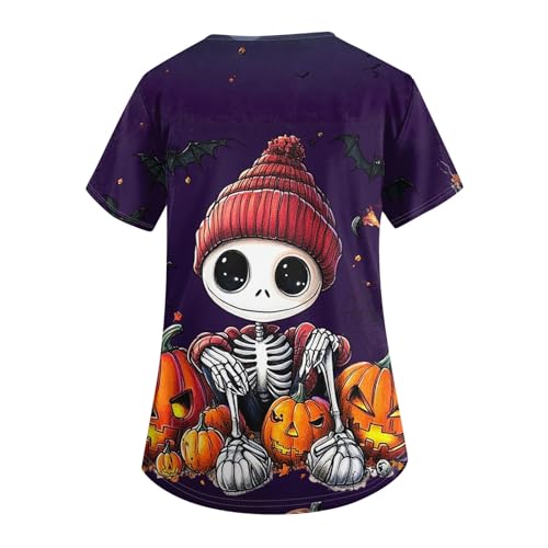 OIOLOYJM Halloween Christmas Scrub Tops Women Print V Neck Short Sleeve Plus Size Scrubs for Womens Shirts with Pockets