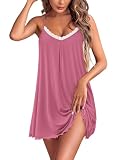 Ekouaer Bamboo Viscose Nightgowns for Women Spaghetti Strap Sleep Shirts Cami Night Shirts Soft V Neck Night Gown Dark Pink