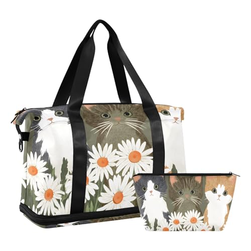 ALAZA Sports Duffel Bags with Toiletry Bag Set,Three Cat Travel Duffel Bags Multi Pockets Weekend Bag2