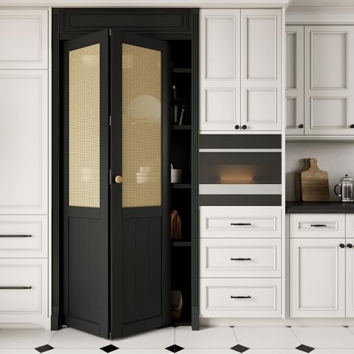 JUJUBON 36\" x 80\" Rattan Bifold Closet Door, Cane Webbing Wood Interior Door Slab, Build Quality Black Folding Barn Doors with Hardware, Fascia & Knob, Black