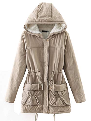 CHARTOU Women's Lovely Thicken Zip-Fly Hooded Lambswool Fleece Lined Long Jacket Coat Outwear (Medium, Khaki)