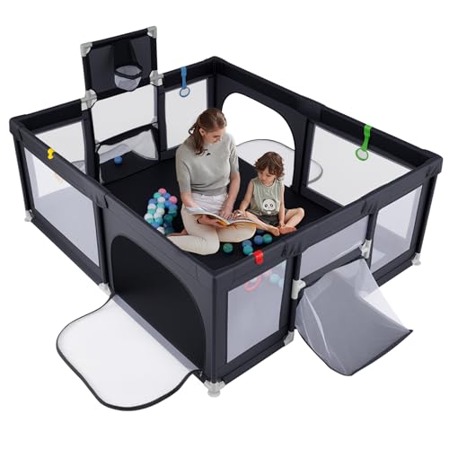 LIFEZEAL Parque Infantil de 188 x 157 cm, con Canasta de Baloncesto, Portería de Fútbol y Pelotas de Juego, Rejilla para Gatear con Colchón, Parque Portátil con Bolsa de Transporte (Negro)