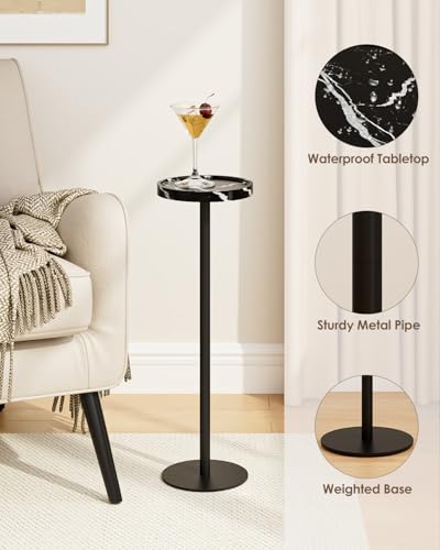 AEPOALUA Drink Table, Small Pedestal Side Table, Round Cocktail Table, Circle Accent End Table with Metal Base, for Small Spaces (1, Black Marble) - Thumbnail 4