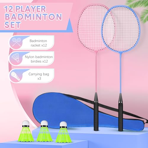 Image of 12 Pack Badminton Rackets Set Including Badminton Racquets, Nylon Shuttlecocks and Carry Bag for Outdoor Backyard Games Beginners