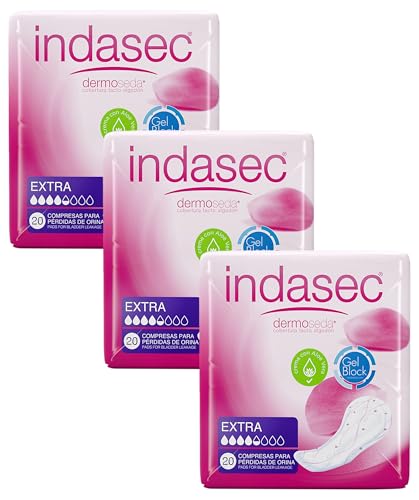 Indasec Dermoseda Compresa Incontinencia Extra Uds., Blanco, Aloe Vera, 20 Unidad (Paquete de 3)