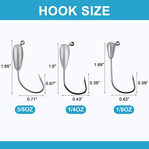 Orootl Tube Jig Heads For Fishing, 12Pcs Tube Jig Hooks Unpainted Tube Bait Jigs Teardrop Weighted Swimbait Hooks For Freshwater Saltwater Crappie Bass Panfish Trout Fishing 3/8 Oz 1/4Oz 1/8Oz #TOP2