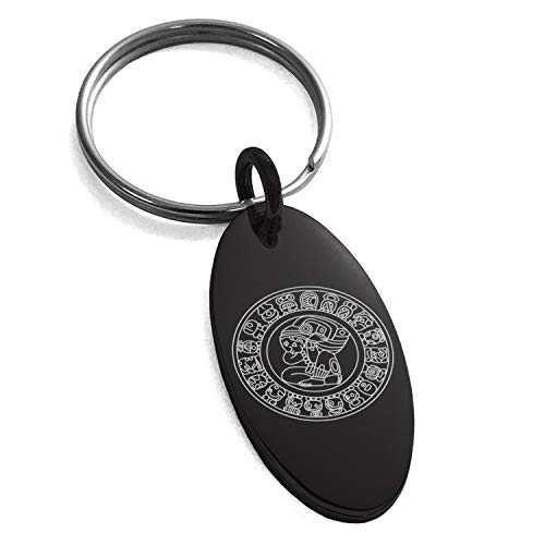 Stainless Steel Mayan Calendar Rune Symbol Small Oval Charm Keychain Keyring