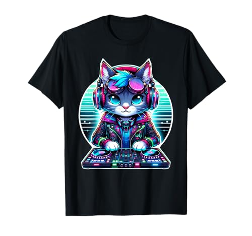 Cyberpunk Dj Cat con auriculares gráfico para hombres, mujeres y niños Camiseta