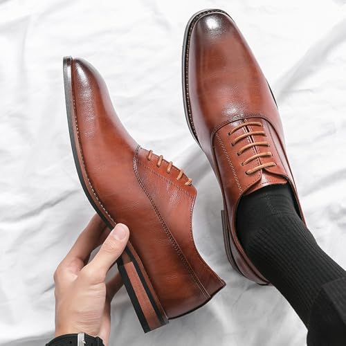 Santimon Men's Leather Dress Oxford Shoes Plain Toe Lace-Up Formal Business Derby Shoes Black Brown4