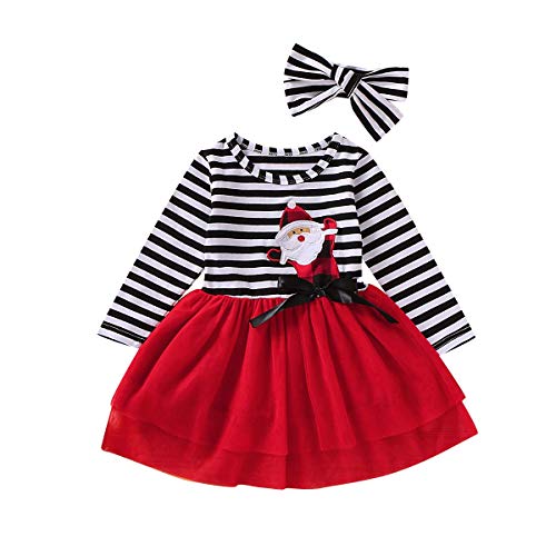 2PCS Toddler Baby Girl Christmas Dress Cotton Long Sleeve Santa Prints Christmas Princess Tutu Dress+Headband (Red, 12-18 Months)