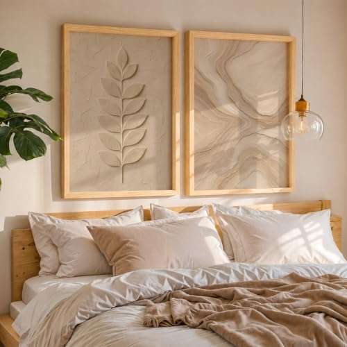 Image of NoWorries Minimal Leaf Wall Painting Set of 2 with Frame | Neutral Beige Botanical Leaf & Abstract Marble Texture Artwork, Modern Nature Wall Decor for Living Room, Bedroom, Office and Home Decoration (Art-4, 25x37inch)