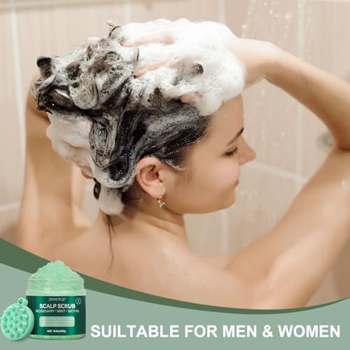 ZENGYQI Scalp Scrub, Rosemary & Mint Oil & Biotin Scalp Exfoliator Scrub Shampoo with Silicone Cleansing Massager, Hair Treatment for Itchy Scalp, Dandruff & Buildup Removal & Thick and Strong Hair Growth