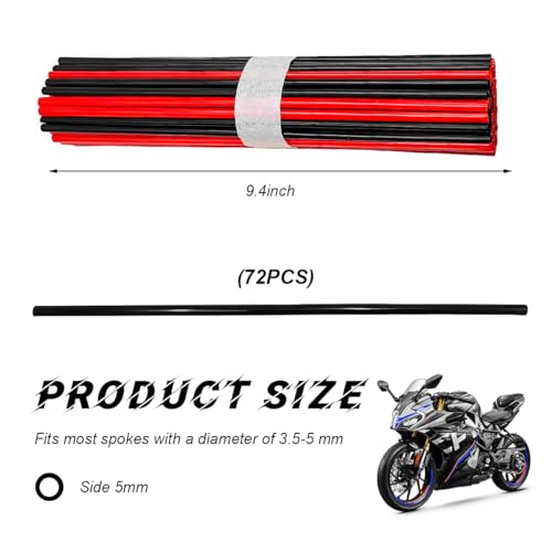 Image of 72PCS Dirt Bike Spoke Covers, Motorcycle Spoke Skins Wheel Wraps Pipe for 8 inch-21 inch Rims, Dustproof Wheelchair Rim Decoration Protector Pipe Trim for Bicycle Dirt Pit Bike (Black+Red)