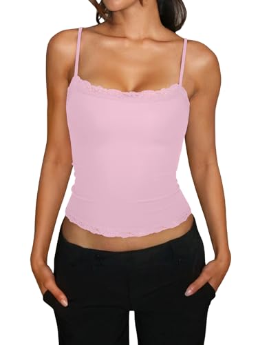PINKMSTYLE Sleeveless Tops for Women Sexy Square Neck Lace Trim Cami Top Spaghetti Strap Cute Crop Going Out 2026 Trendy Light Pink X-Small — view 3