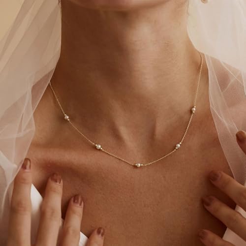 Dainty Pearl Gold Necklace for Women with CZ Choker 14K Gold Plated Chain Wedding Trendy Bridesmaid Cute Jewelry Gift3
