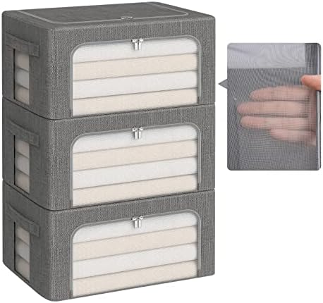 FAikhom 3 Pack Clothes Storage Bins Stackable Storage Box Large Capacity Foldable Metal Frame Storage Container Organizer with Mesh Window and Carrying Handles (Small-22L, Gray)